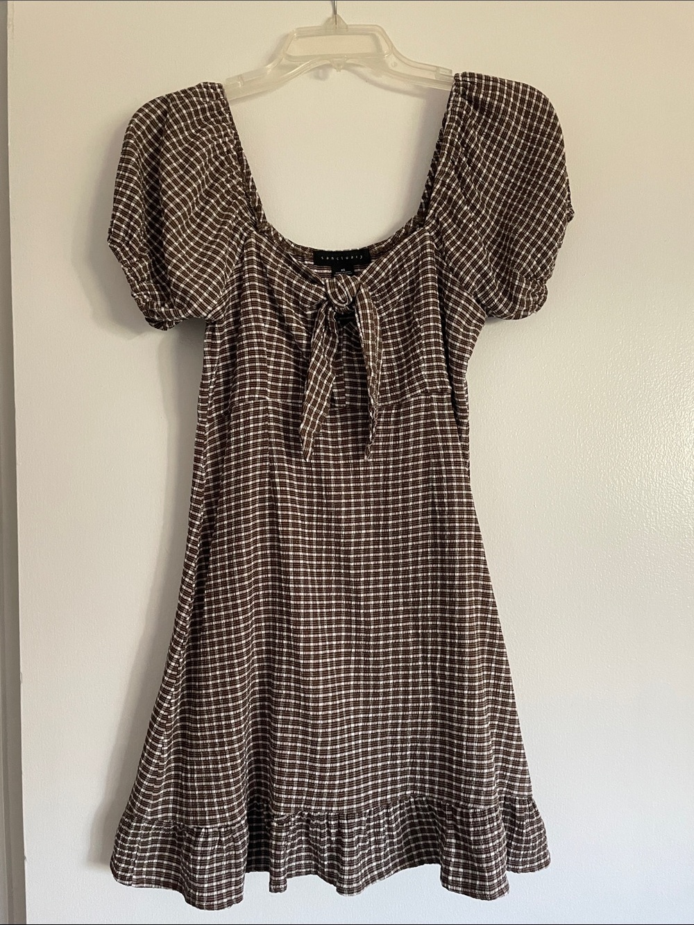 Sanctuary Girls Brown Check Puff-Sleeve Tie-Front Mini Dress